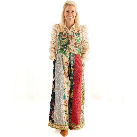 NWT Rahab's Rope Kantha Wide Leg Pants Botanical Motif Patchwork Printed Overall - Picture 1 of 15